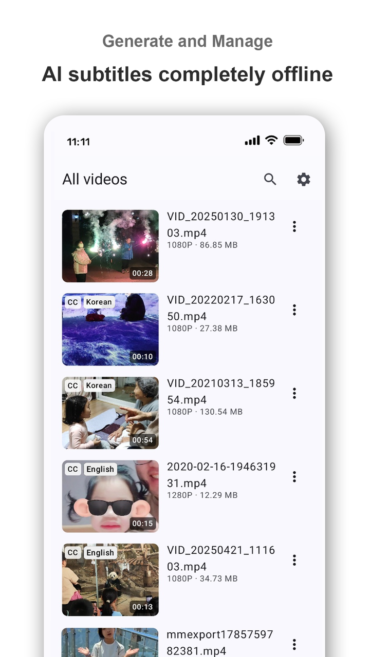 Video list with CC badges showing subtitle language