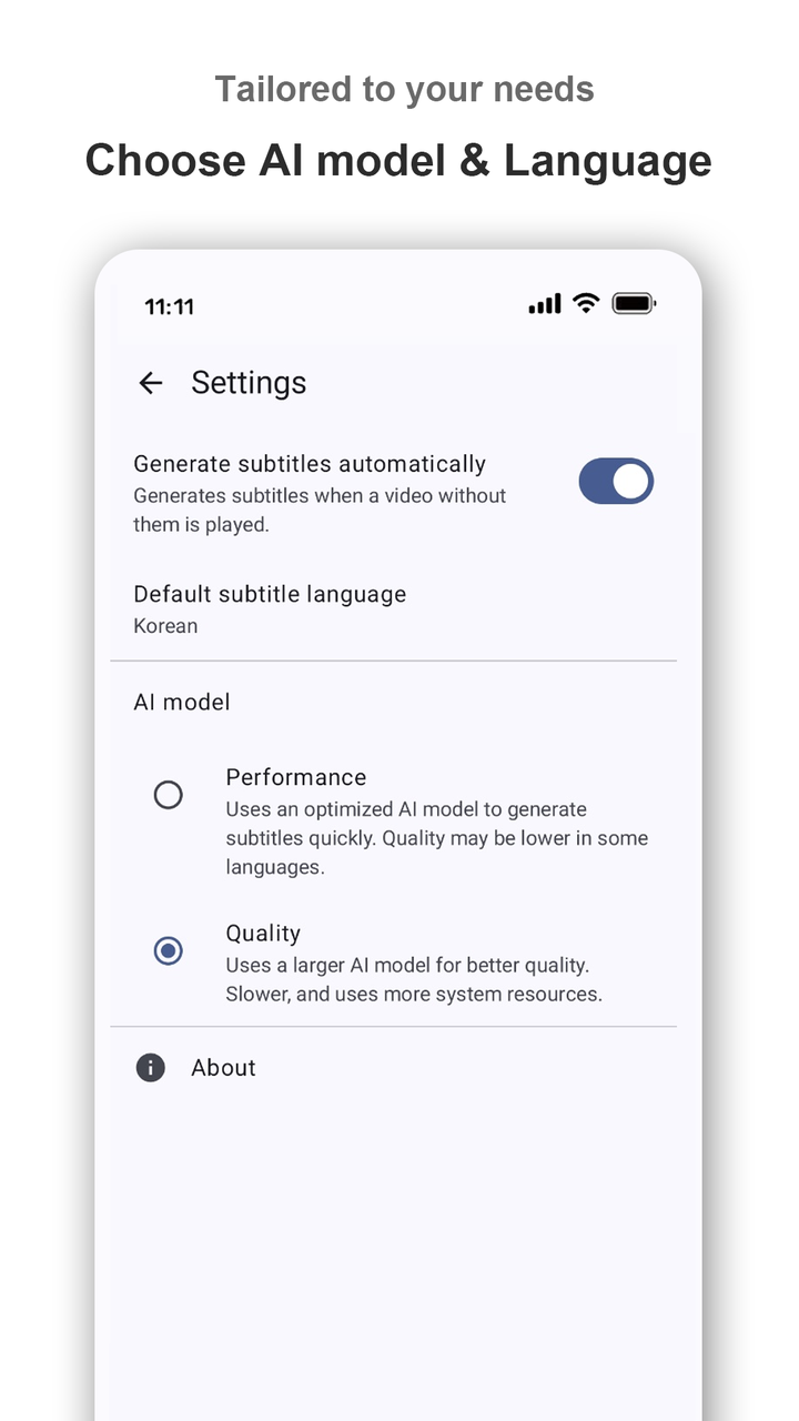 Settings screen with AI model and language options