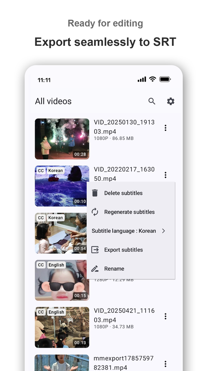 Video menu with regenerate and export subtitles options